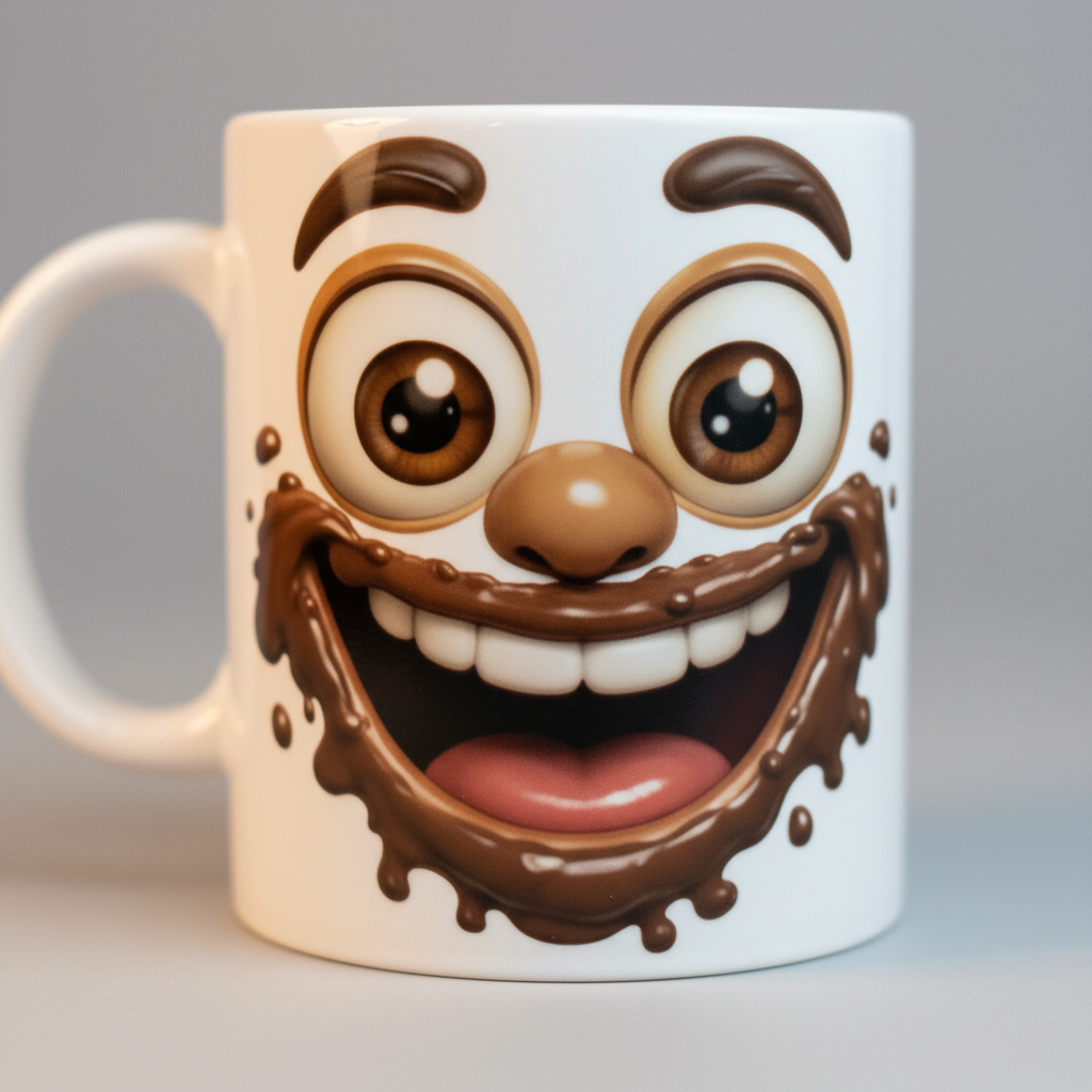 zoom sur le design visage chocolat cartoon imprime sur mug ceramique blanc