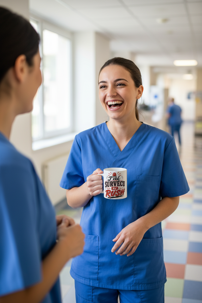 Infirmière en couloir d'hôpital tenant le mug J'ai Survecu au Rush, ambiance lifestyle