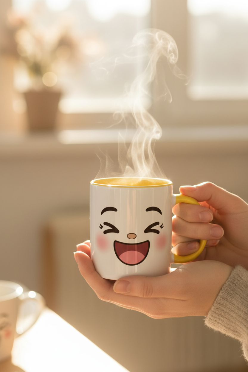 Mug en céramique blanche au visage kawaii souriant, fumée sortant du mug
