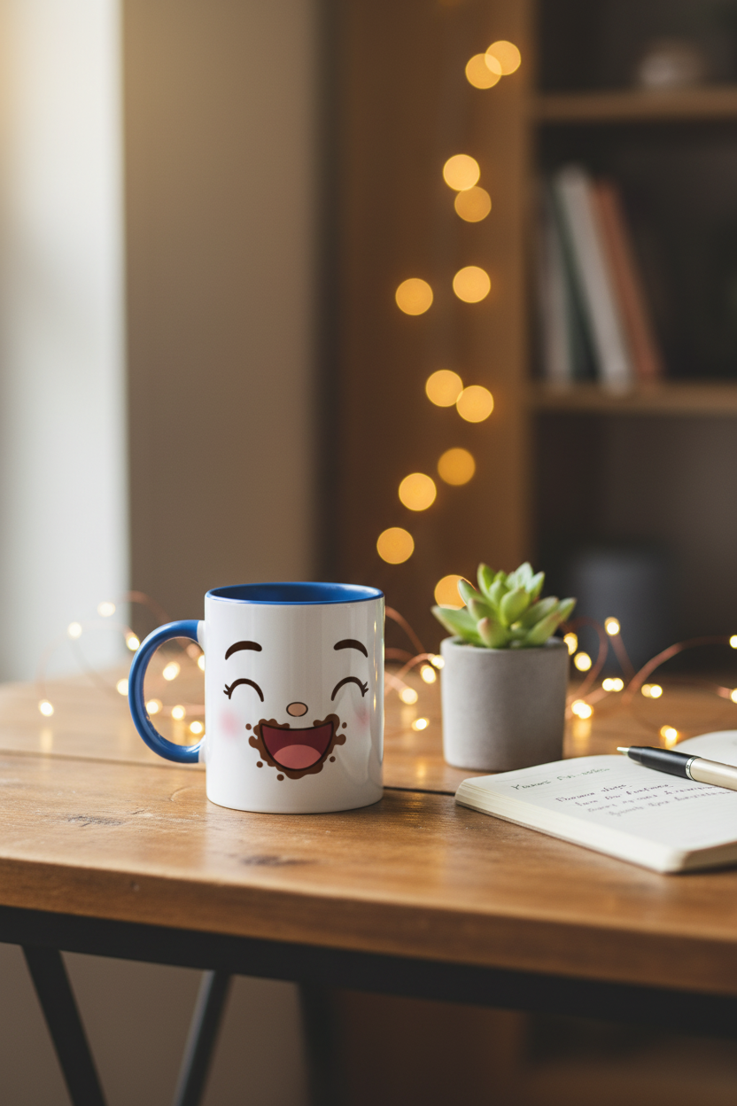 Tasse en céramique blanche au visage souriant, intérieur et anses bleus.