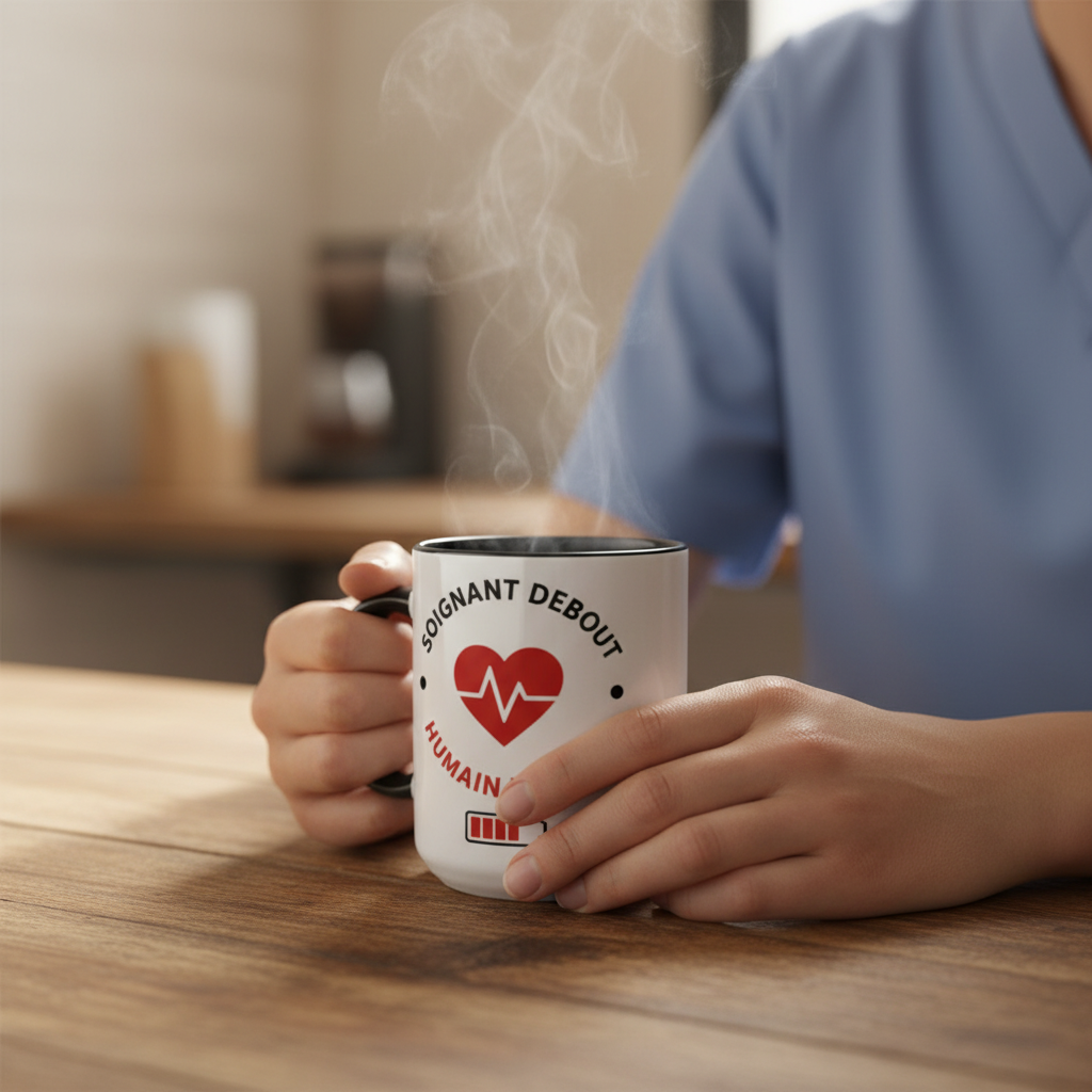 Mug en céramique blanc à anse noire, cœur ECG rouge, fumée visible