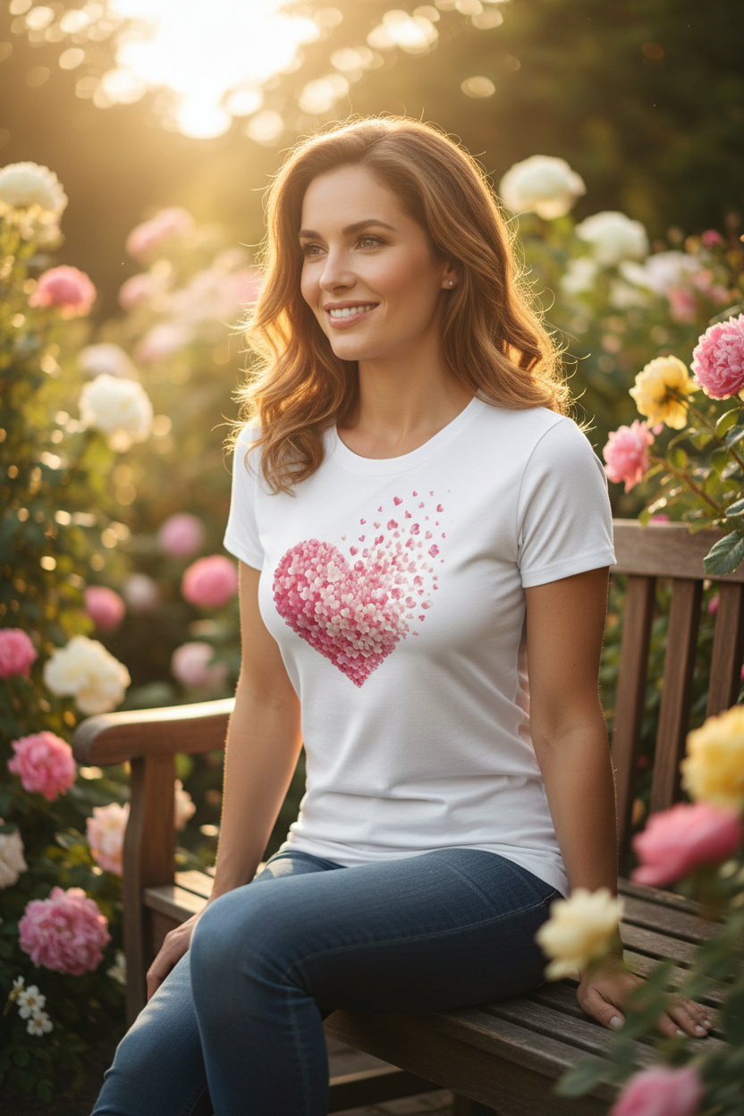T-shirt femme blanc à cœur en sequins roses sur la poitrine, manches courtes