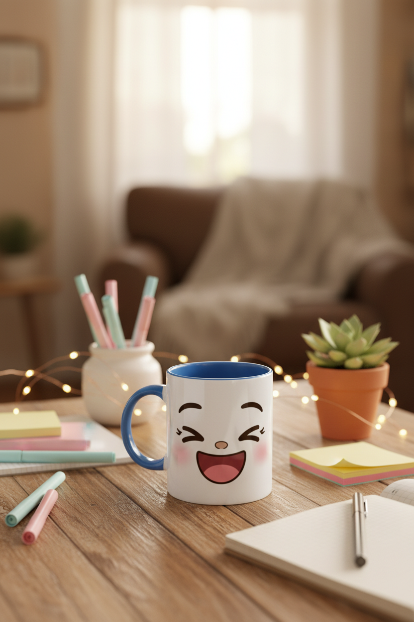 Tasse en céramique blanche avec visage kawaii et anse bleue.