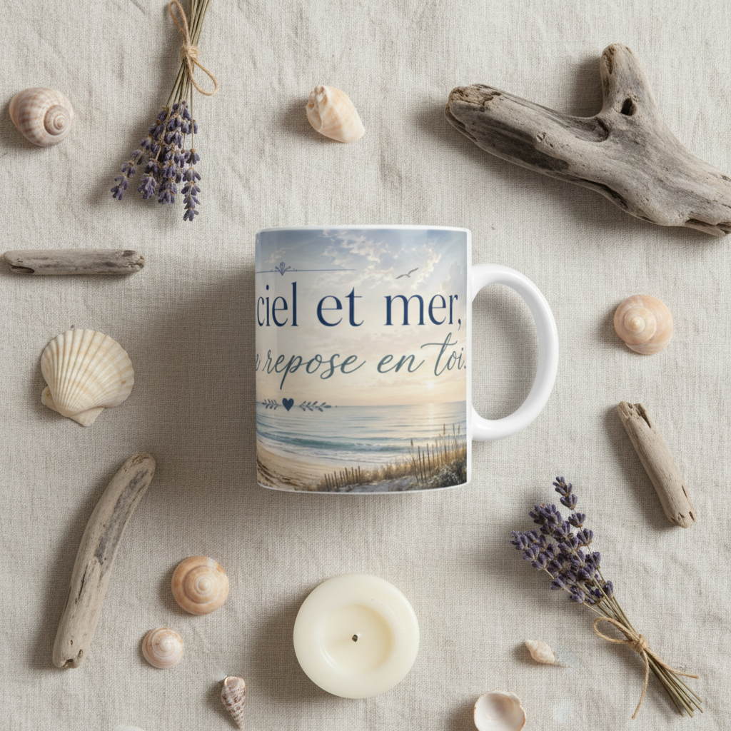 Flat lay mug cabane de plage phare avec coquillages et bougie sur lin, ambiance romantique Arcachon