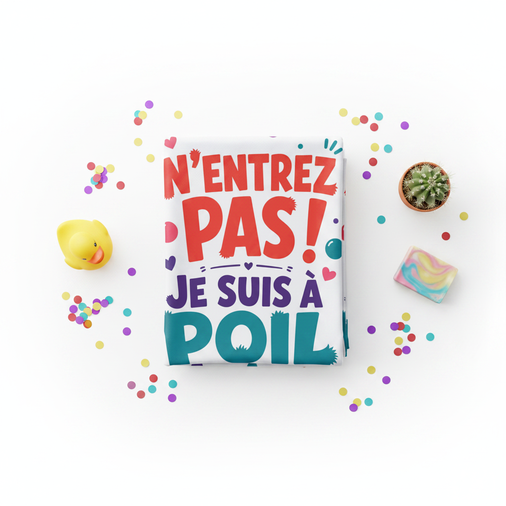 Rideau de douche blanc avec N’ENTREZ PAS ! JE SUIS À POIL, confettis multicolores.