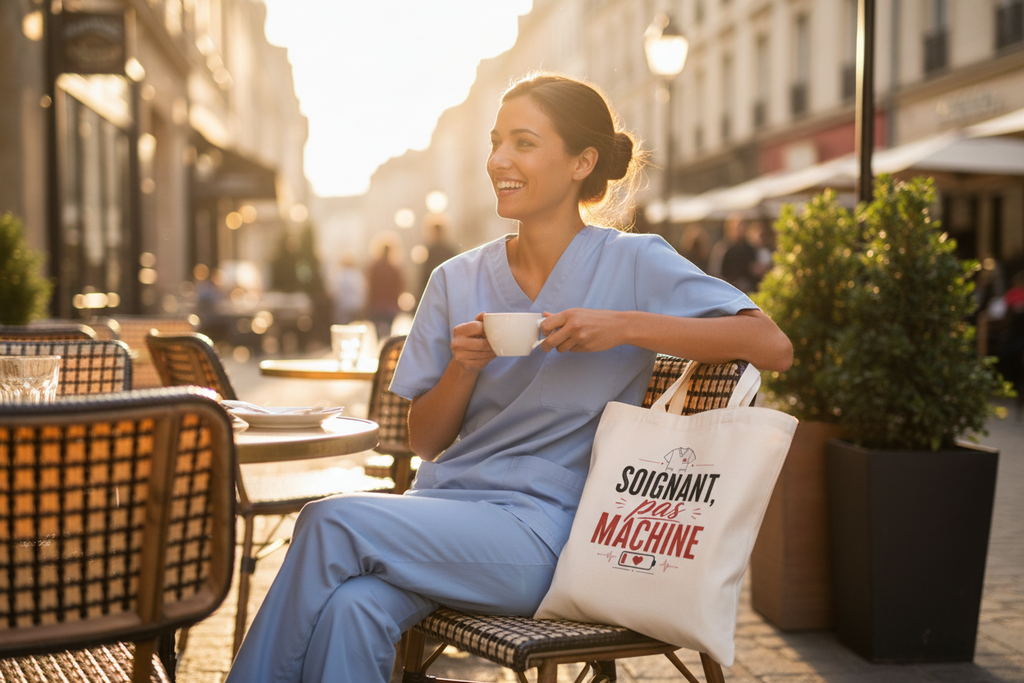 Tote bag en toile écru, anses, inscription rouge et noire « Soignant, pas machine »