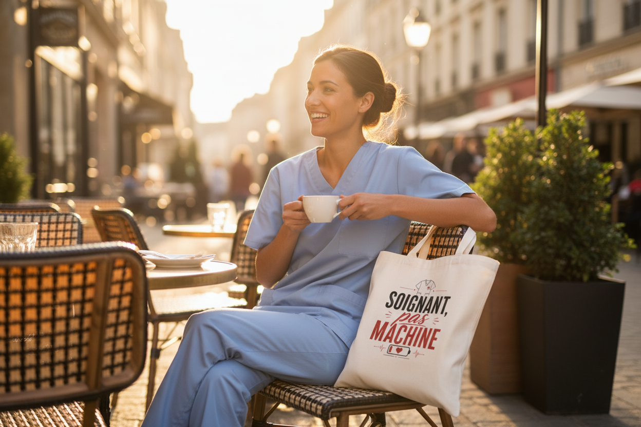 Tote bag en toile écru, anses, inscription rouge et noire « Soignant, pas machine »