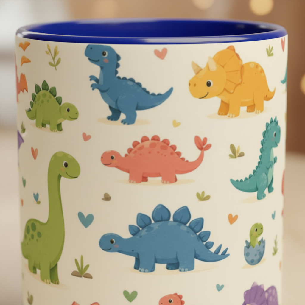 Zoom macro sur les dinosaures kawaii multicolores du mug ceramique fond creme