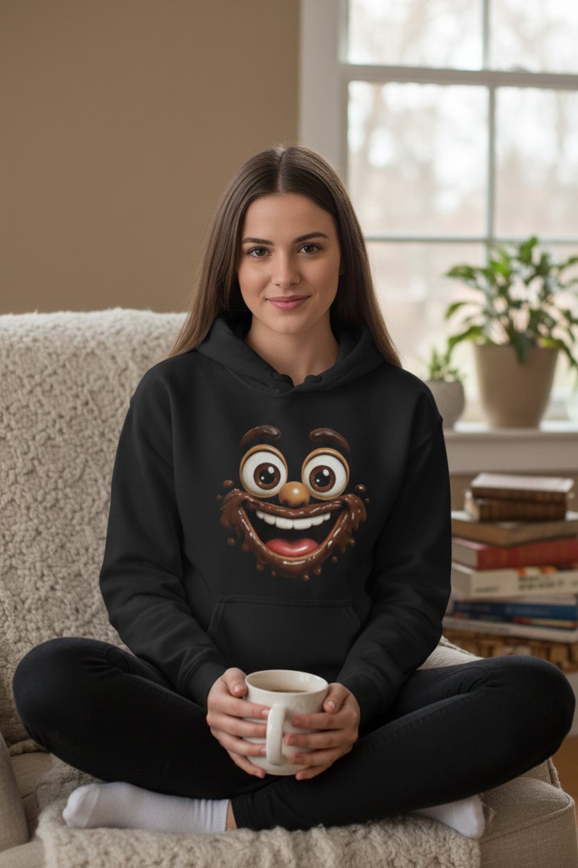 femme portant un sweat noir avec design visage chocolat rigolo de face ambiance cosy