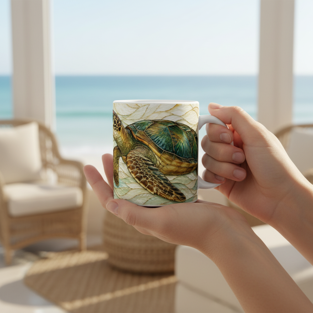 Mains tenant le mug tortue vitrail dans une maison de bord de mer, Bassin d'Arcachon