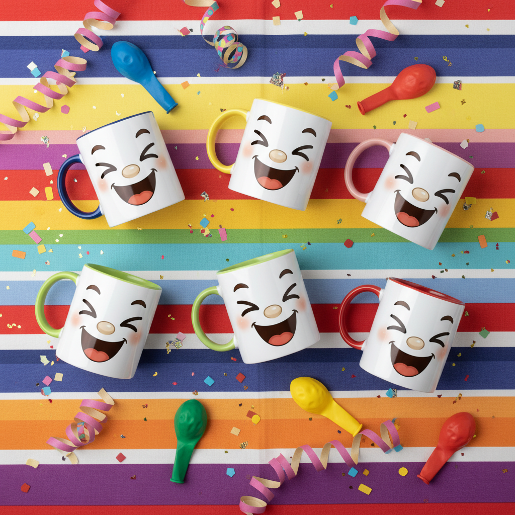 Lot de mugs blancs avec visage kawaii souriant et anses colorées