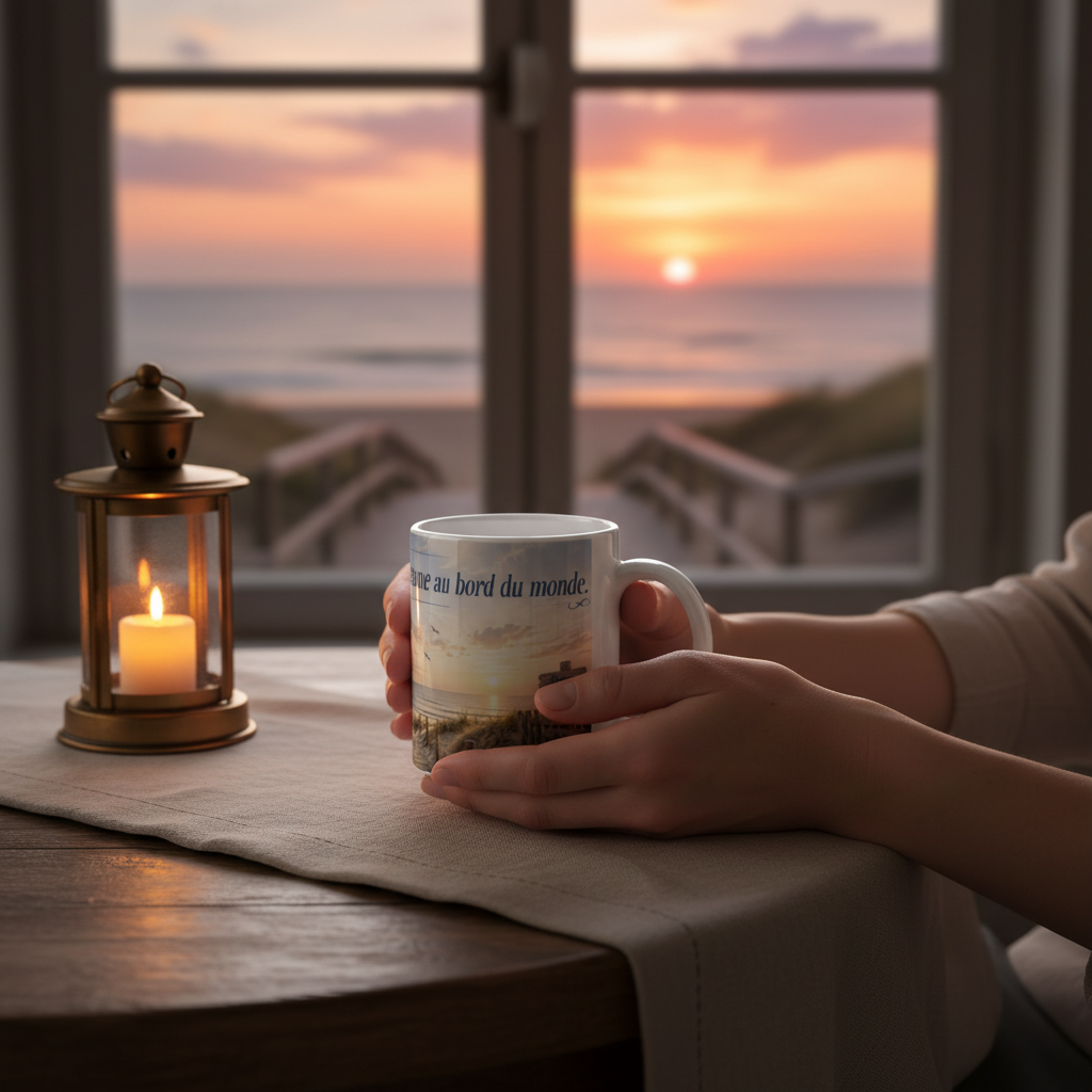 Mug Ton amour est ma cabane au bord du monde pres d'une fenetre au coucher du soleil, ambiance cosy Gironde
