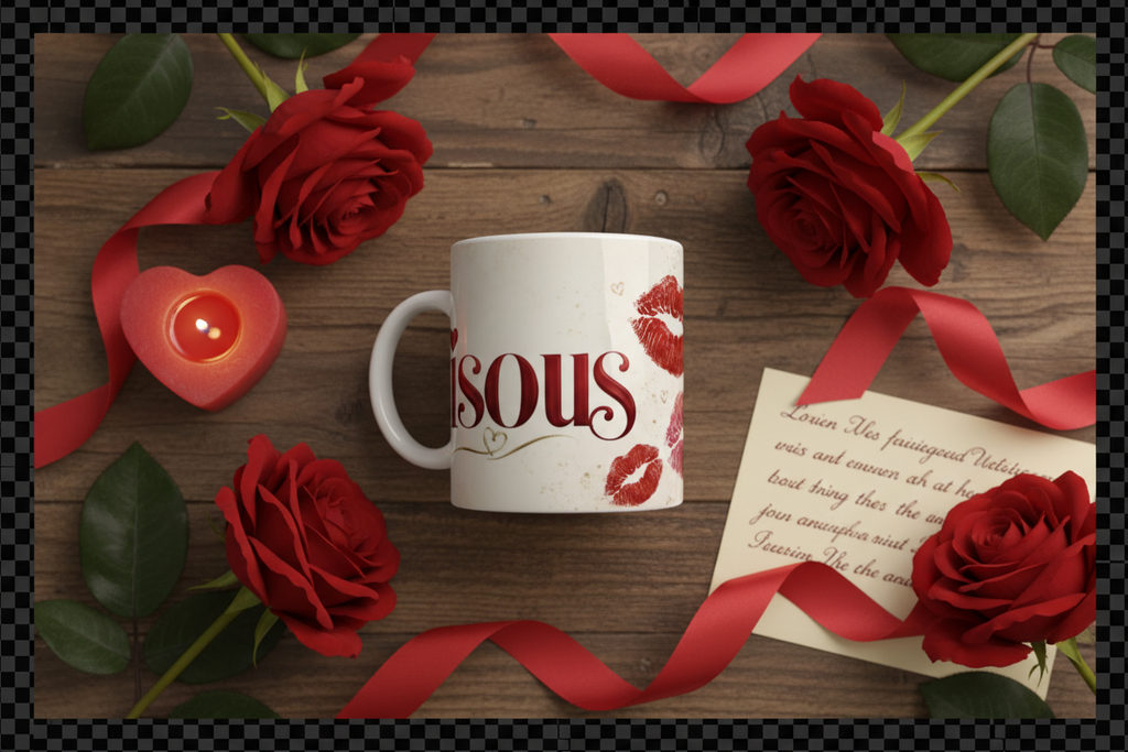 Flat lay du mug Bisous avec roses rouges, bougie coeur et note manuscrite sur table en bois