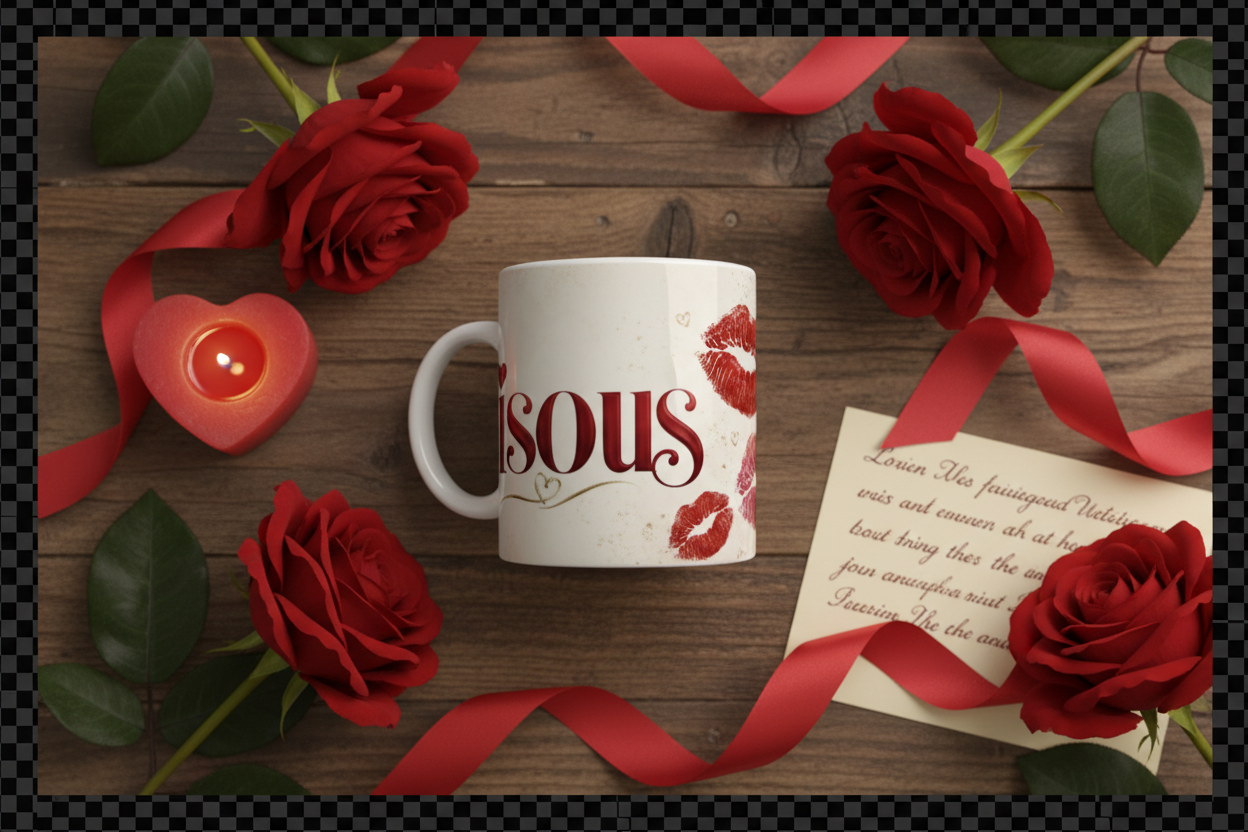 Flat lay du mug Bisous avec roses rouges, bougie coeur et note manuscrite sur table en bois
