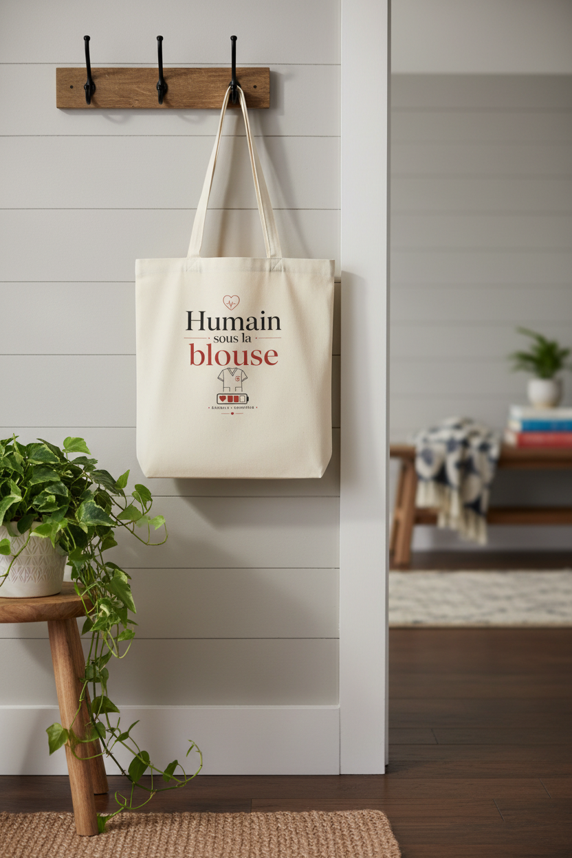 Tote bag en toile écrue accroché au mur, motif « Humain sous la blouse »
