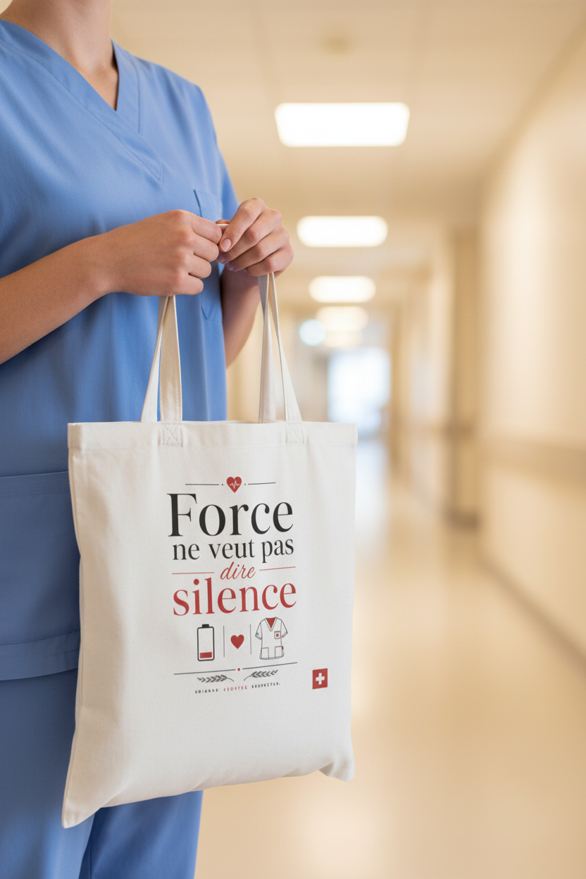 Sac cabas en toile beige, anses longues, logo « Force » avec texte « silence »