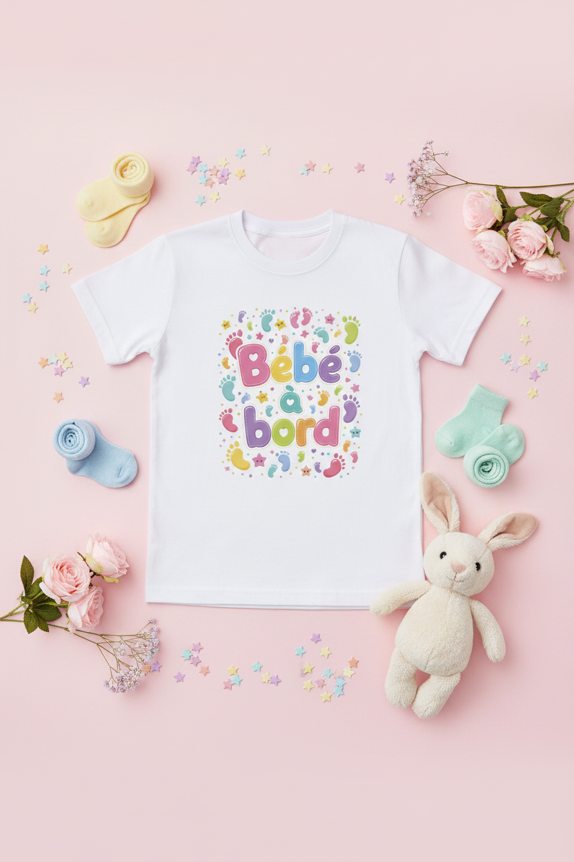 Flat lay du t-shirt Bébé à bord kawaii avec chaussettes colorées et peluche sur fond rose