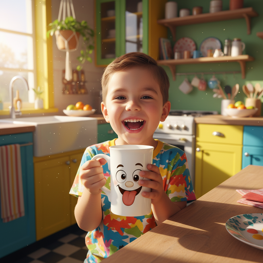 Petit mug blanc avec visage kawaii qui tire la langue, tenu en main.