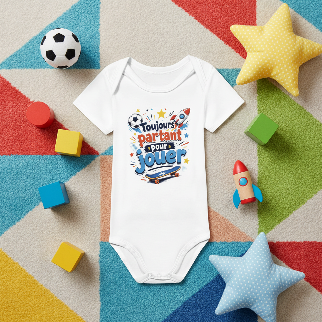 Flat lay body bébé blanc Toujours partant pour jouer entouré de jouets colorés ballon fusée cubes