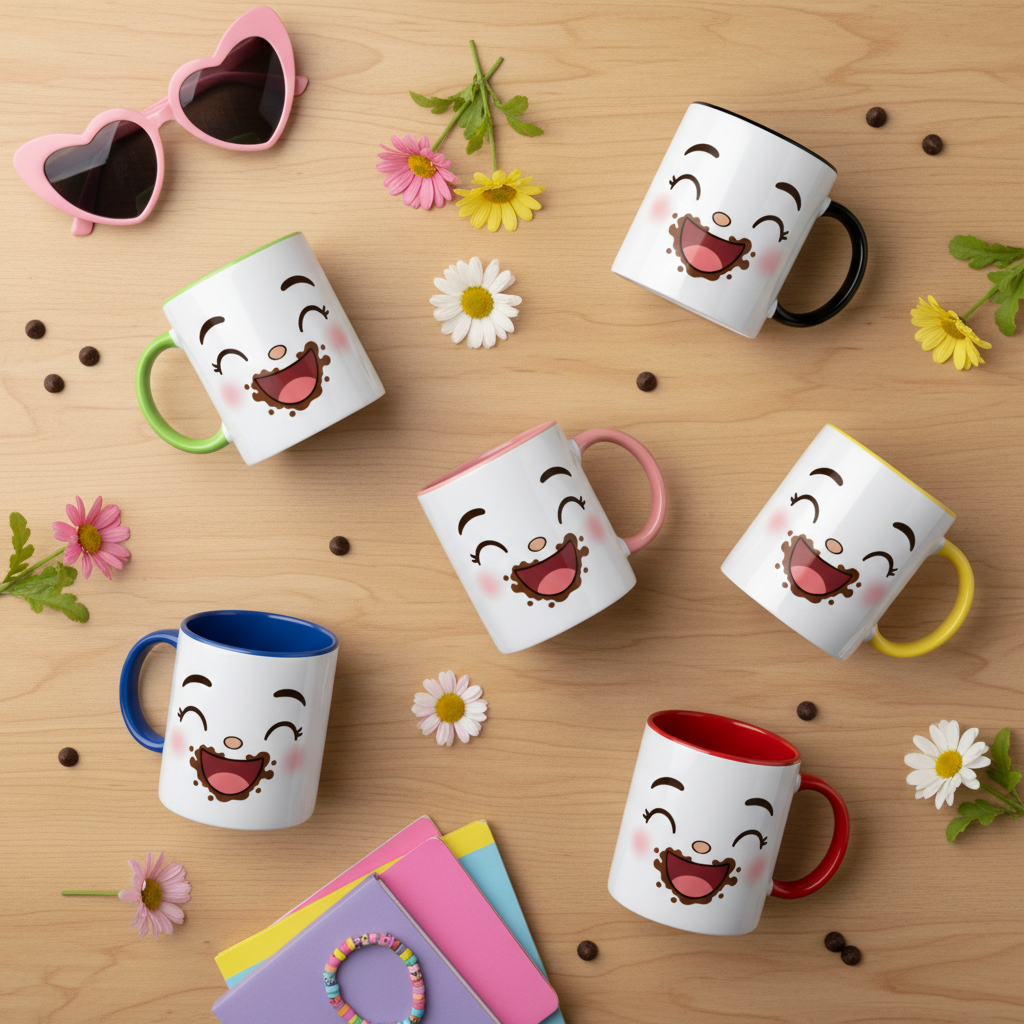 Lot de mugs en céramique blanche au visage kawaii, anses multicolores sur table en bois.