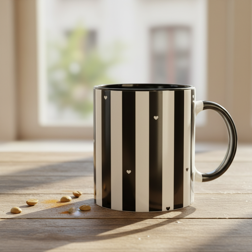 Zoom sur le design rayures noir et blanc avec petits coeurs sur mug céramique