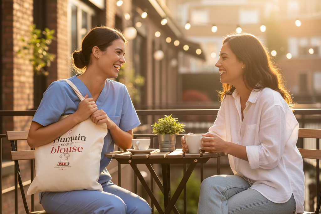 Tote bag en toile beige porté, impression « Humain sous la blouse »