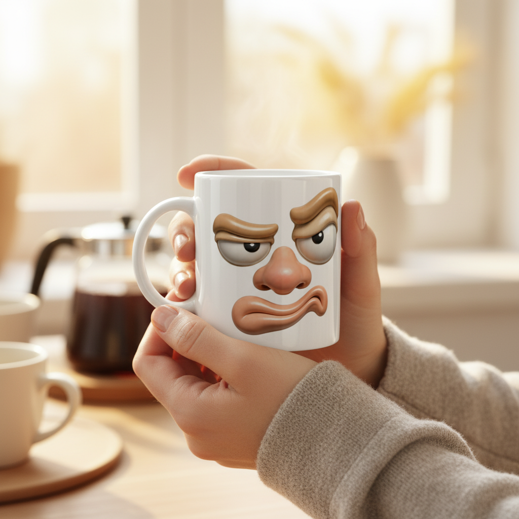 Mug humour visage grognon tenu par deux mains ambiance cafe du matin