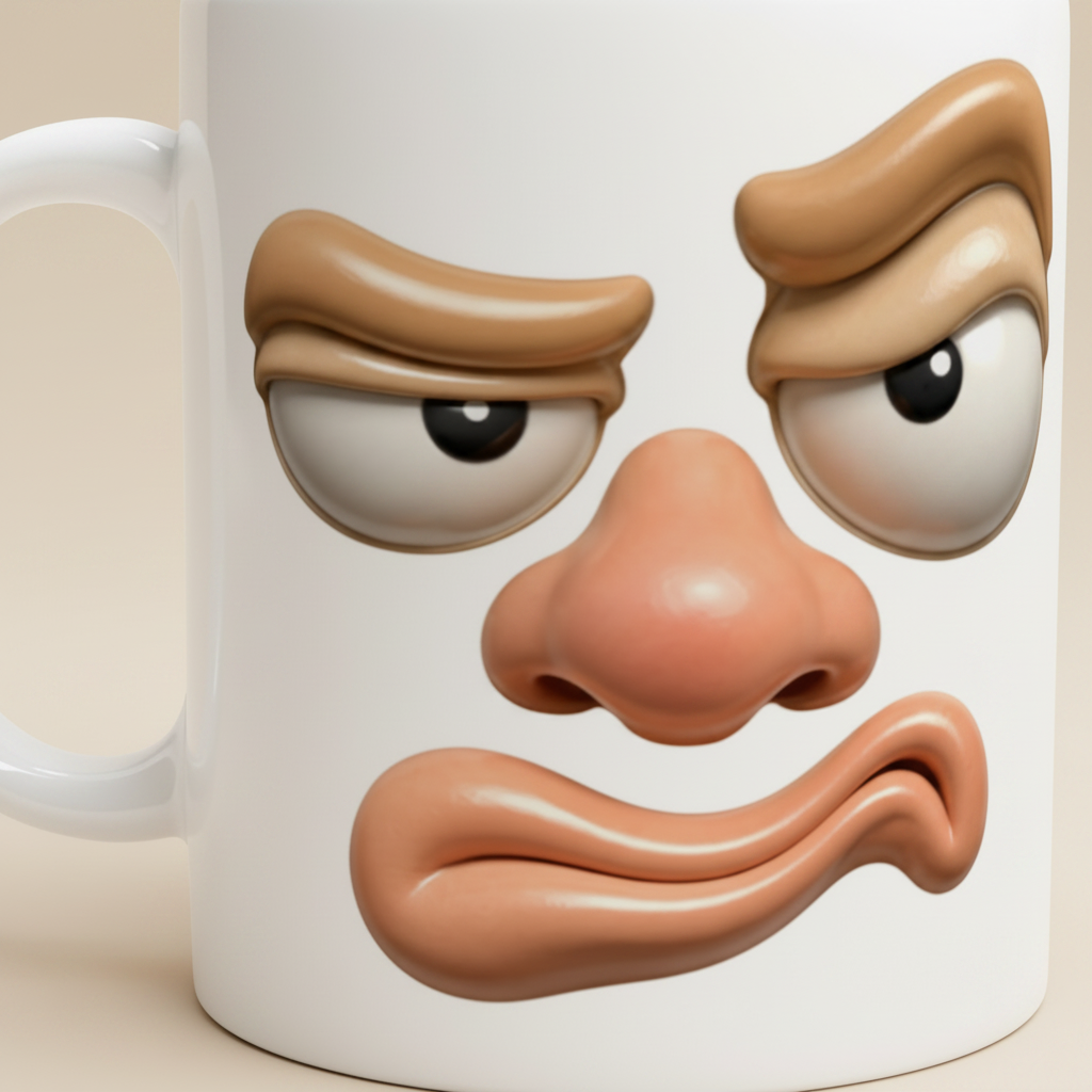 Zoom sur le design visage grognon 3D du mug humour
