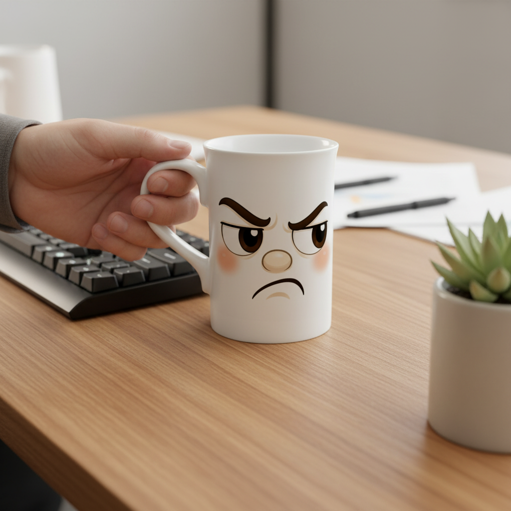 Mug blanc grognon posé près d’un clavier, face du personnage sur le devant.