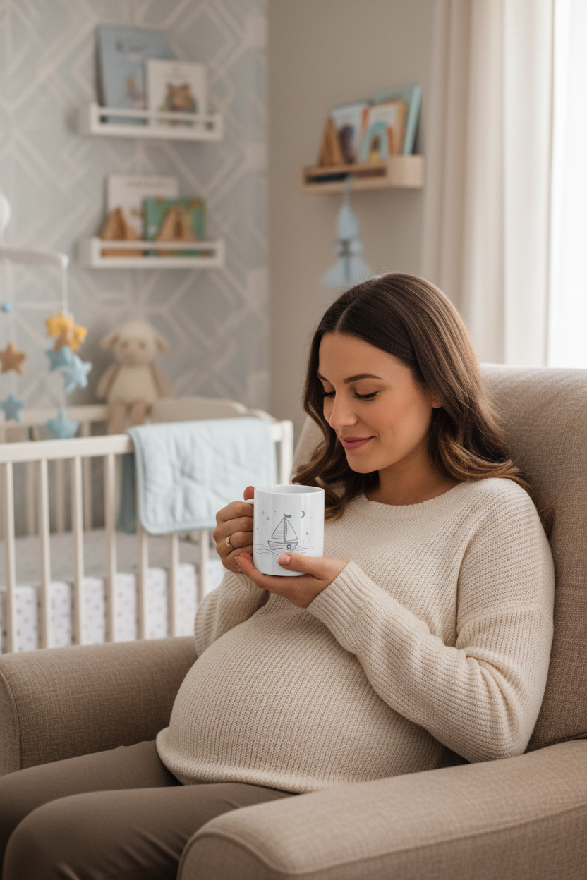 femme enceinte tenant mug voilier aquarelle bleu ambiance nursery douce