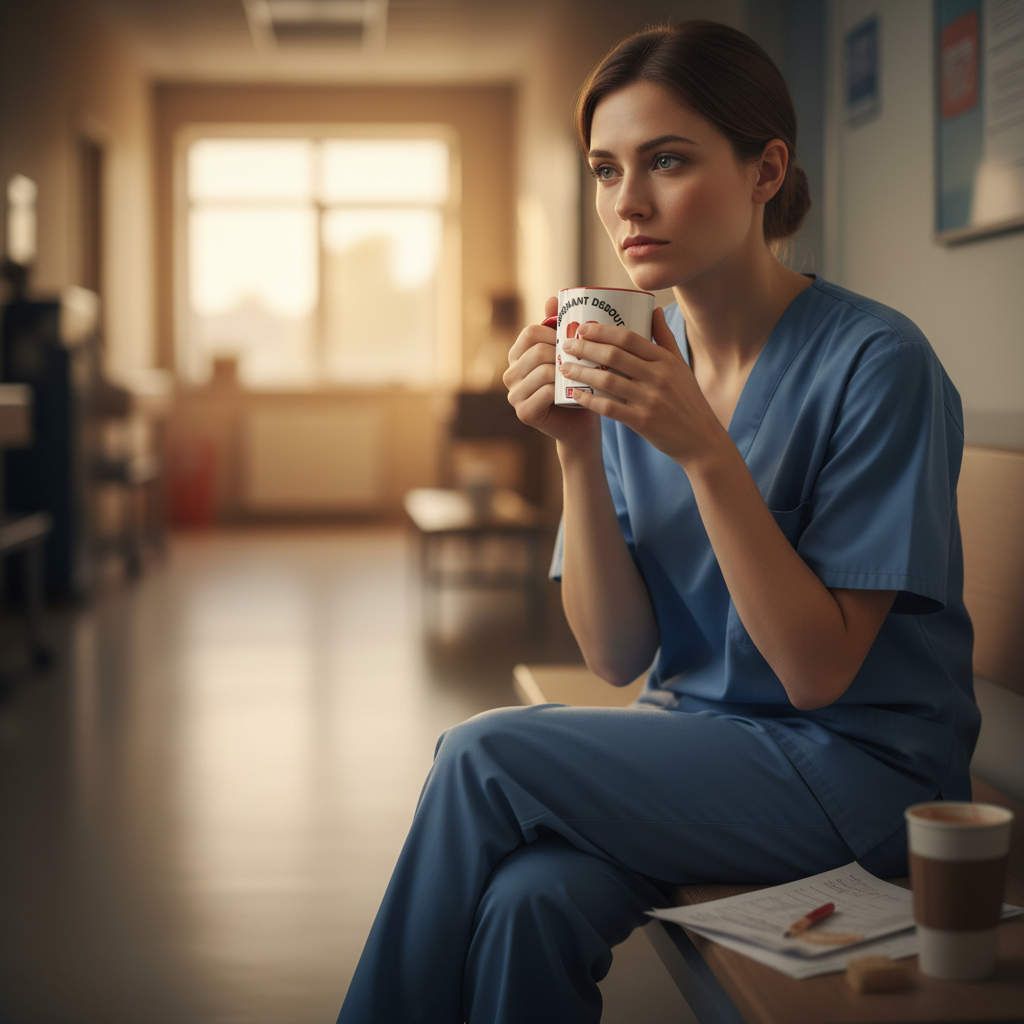 Mug en céramique blanc à anse rouge, cœur ECG rouge, tenu par une soignante