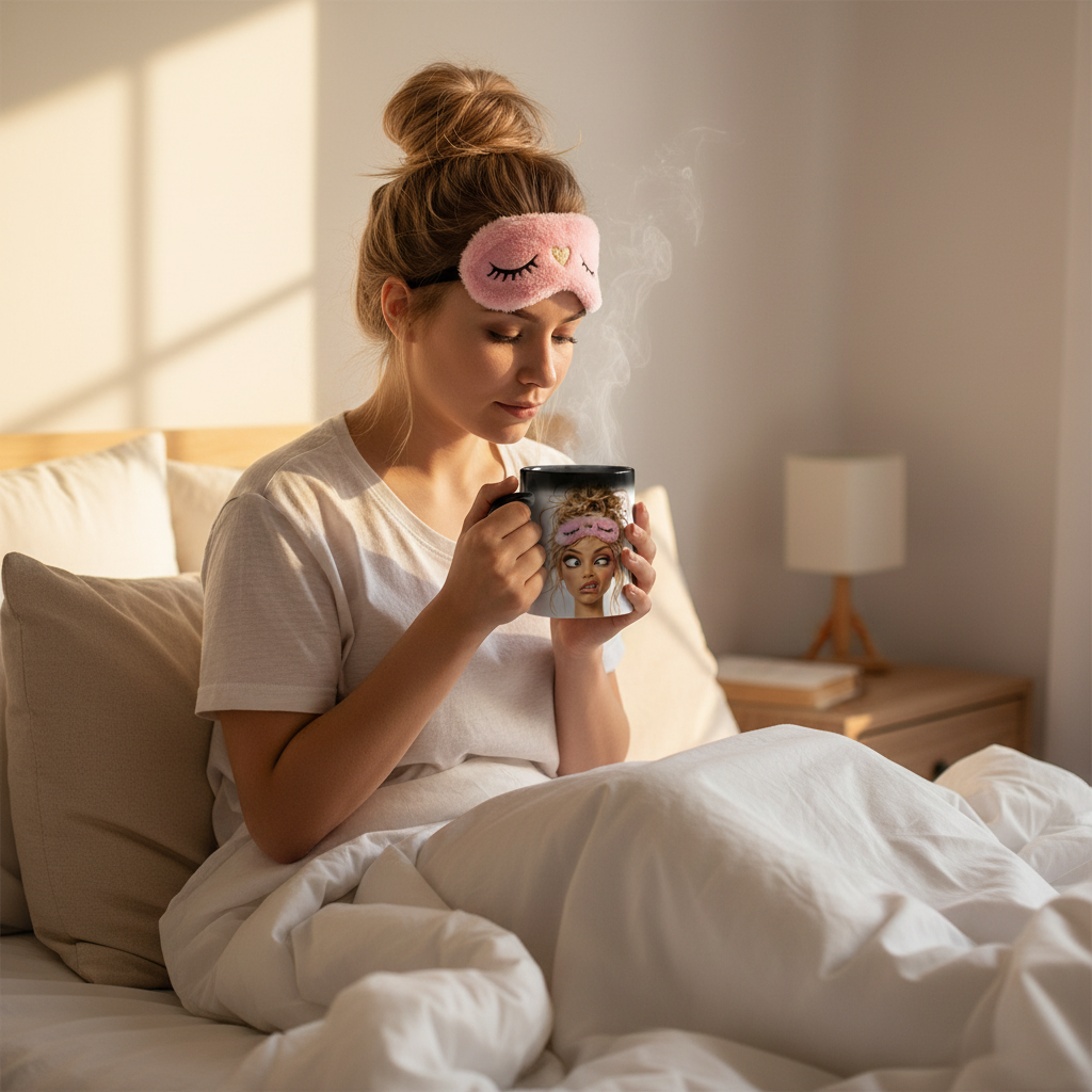 Mug magique thermosensible humour femme tenu dans un lit cosy, design tête du matin masque rose révélé par la chaleur