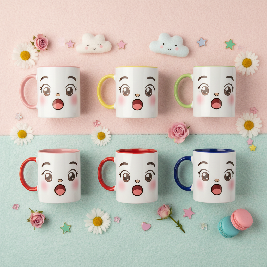 Tasses blanches au visage kawaii, poignées et rebords multicolores.