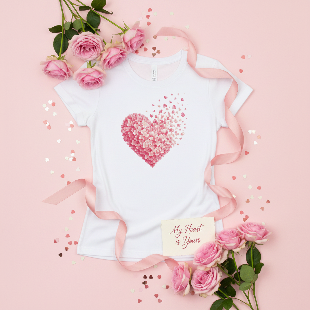 T-shirt femme blanc à grand cœur en sequins roses sur le devant, col rond