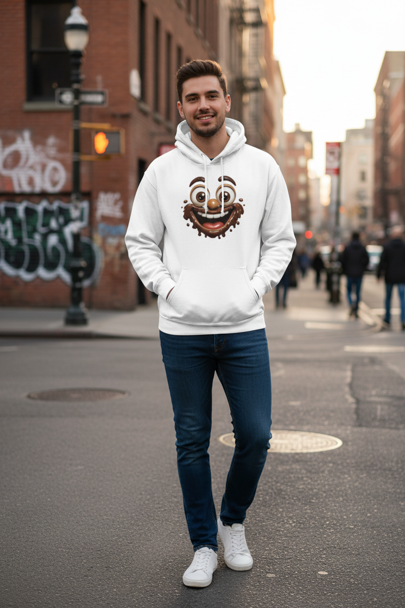 homme portant un sweat blanc avec design visage chocolat rigolo de face style urbain