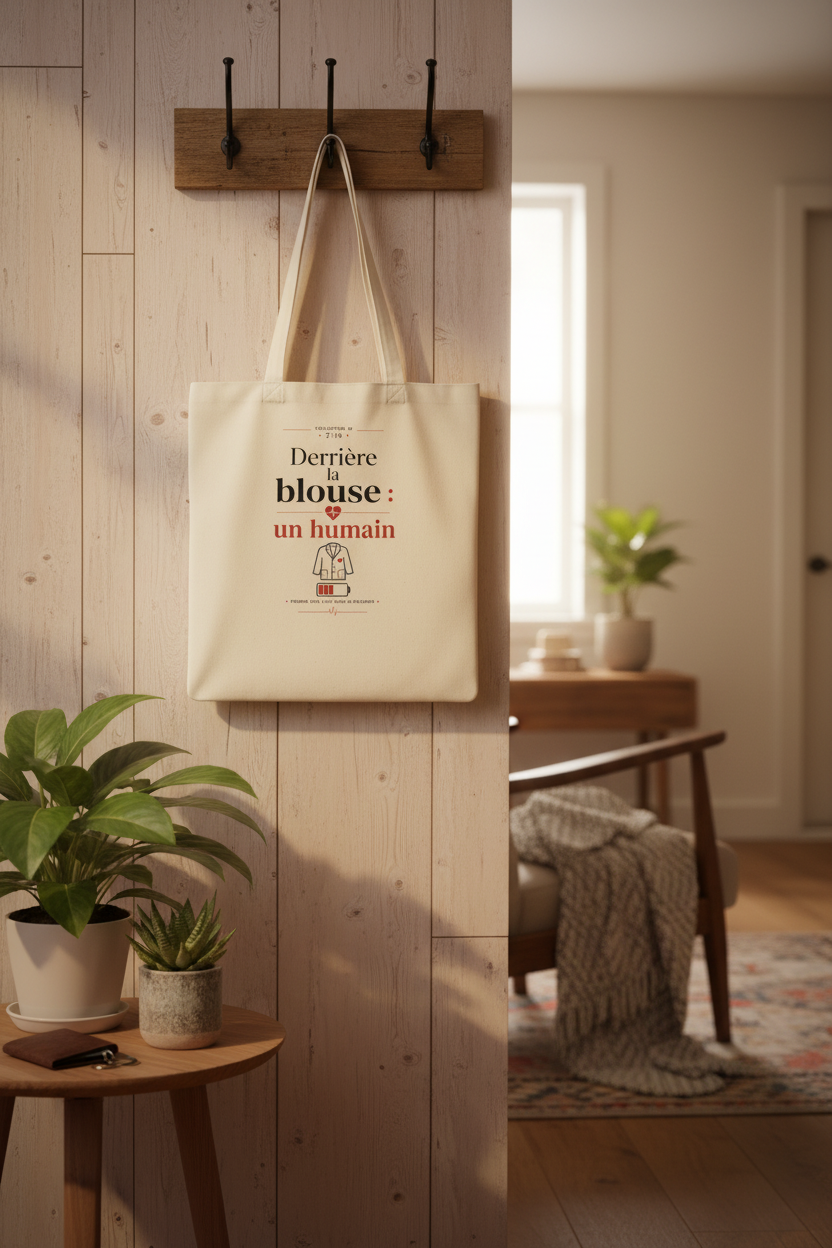 Tote bag en coton naturel suspendu par ses anses, motif imprimé central