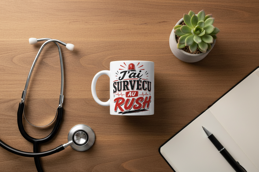 Flat lay du mug J'ai Survecu au Rush avec stéthoscope, carnet et plante sur bois