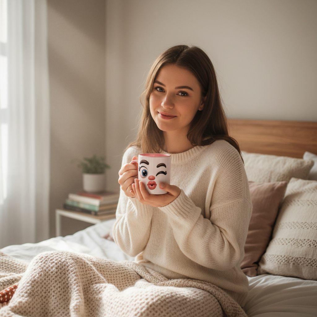 Femme souriante tenant un mug kawaii visage feminin rose ambiance cosy