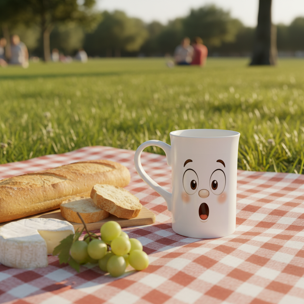 Mug blanc au visage kawaii, yeux ronds et bouche ouverte