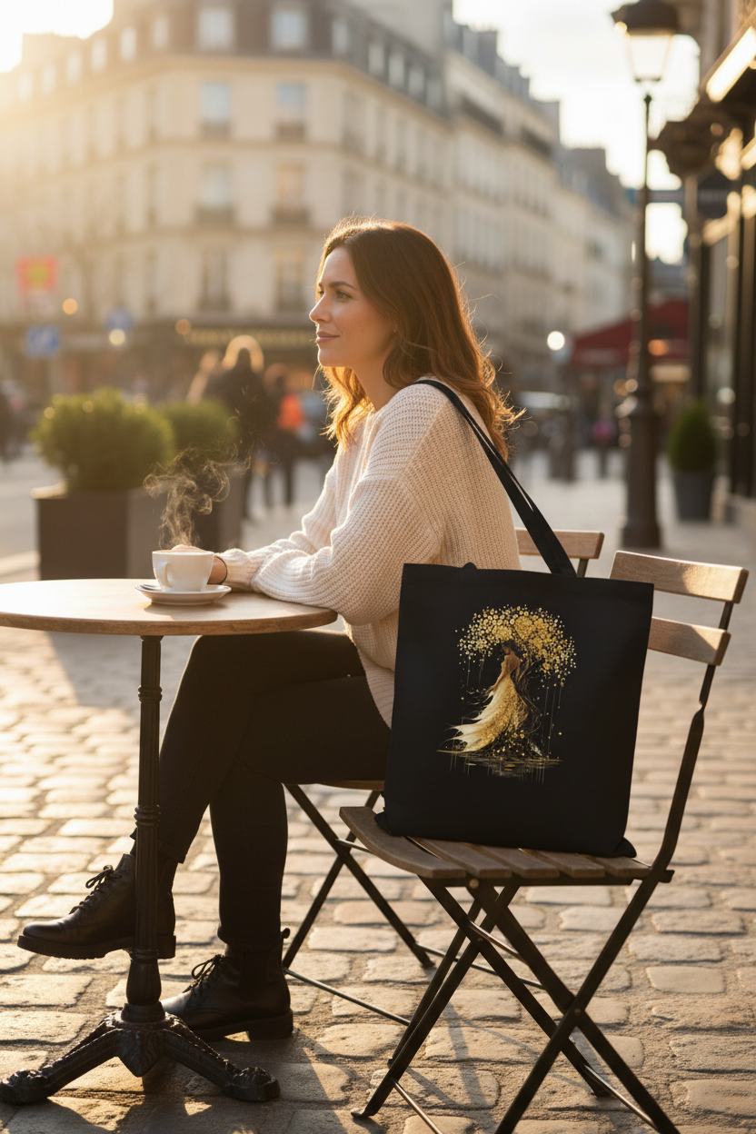 Sac cabas femme noir avec motif arbre doré et silhouette de robe, anses longues