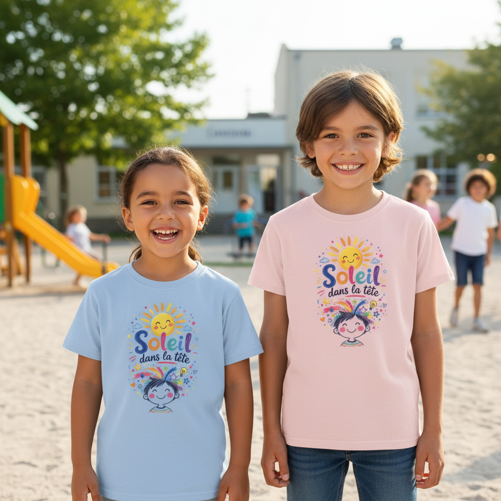 Deux enfants portant le t-shirt Soleil dans la tete, bleu ciel et rose clair, de face souriants