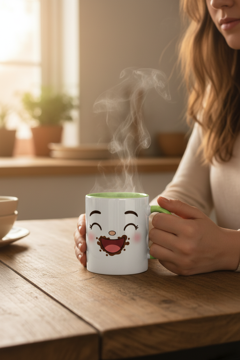 Tasse en céramique vert clair au visage souriant, motif kawaii.