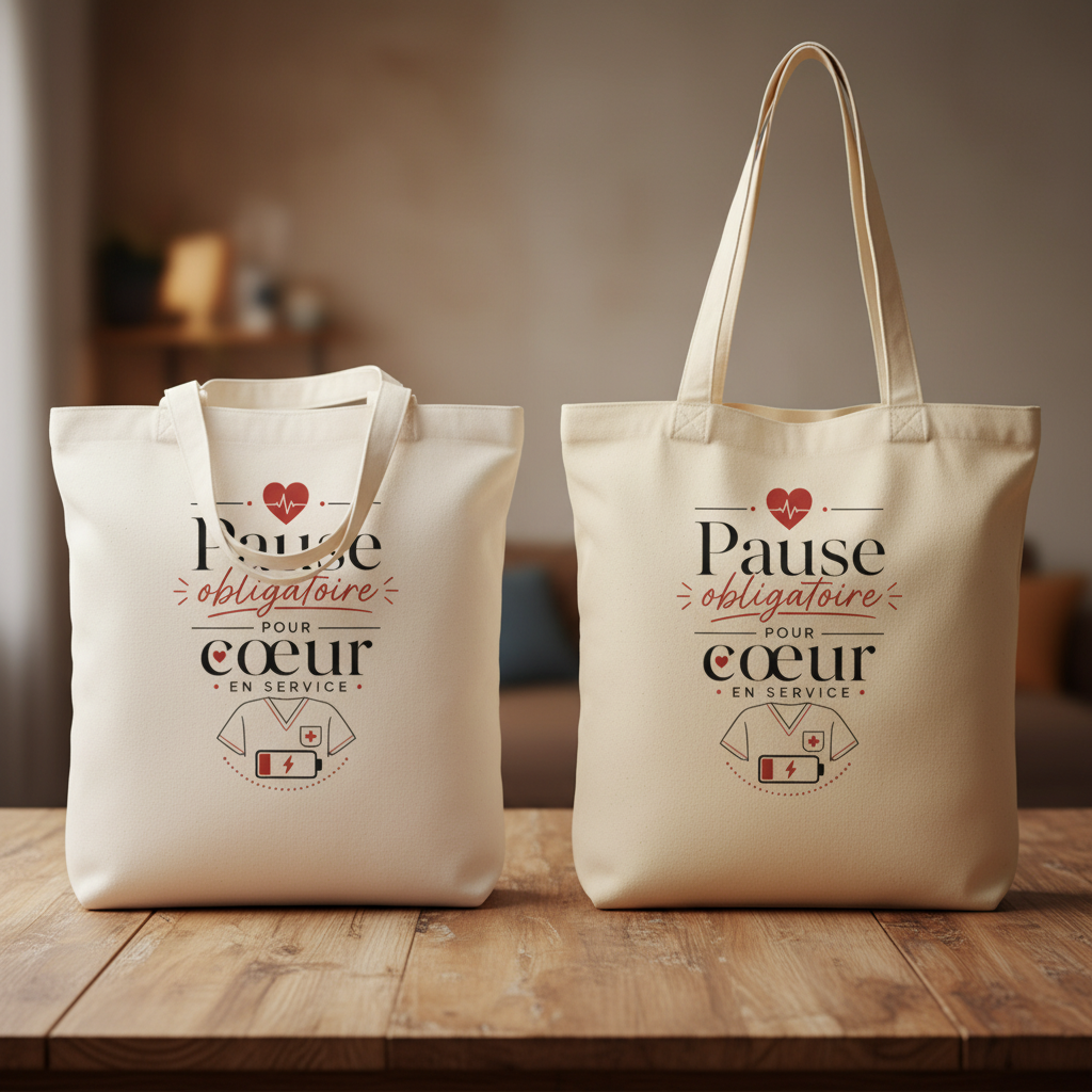 Lot de 2 tote bags : blanc et naturel, logo « Pause obligatoire pour cœur en service »