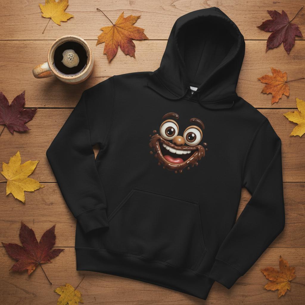 flat lay sweat noir visage chocolat rigolo sur surface en bois avec cafe et feuilles
