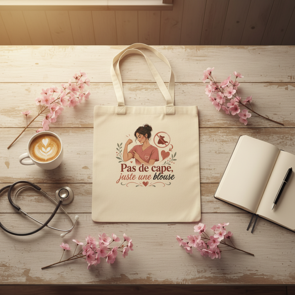 Flat lay tote bag natural Pas de cape juste une blouse avec stéthoscope, mug et fleurs roses sur table en bois