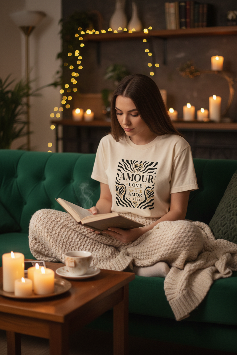 T-shirt unisexe blanc avec motif « AMOUR » au centre, manches courtes