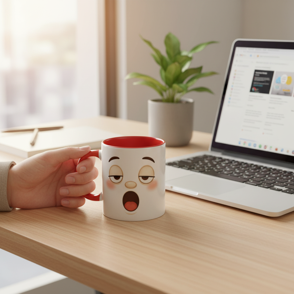 Mug blanc à bord intérieur rouge, visage kawaii au grand cri.
