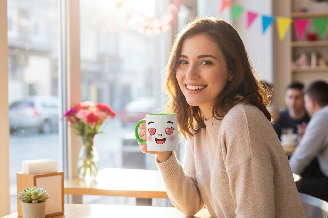 Mug en céramique blanche au visage kawaii, anse verte et cœurs roses.