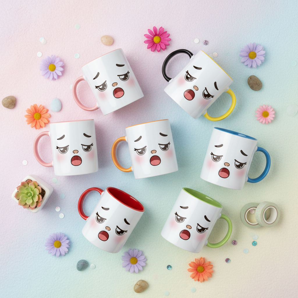 Ensemble de mugs en céramique au visage kawaii endormi, plusieurs anses colorées