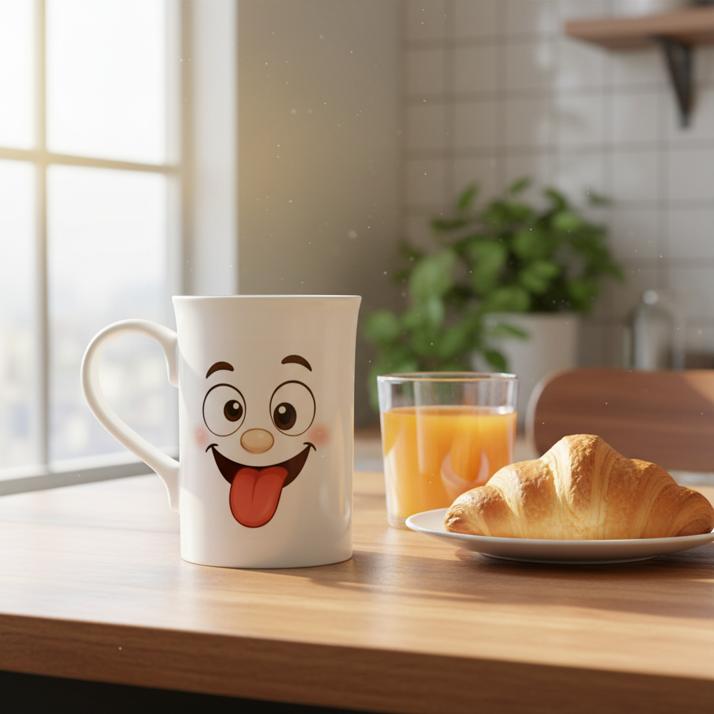 Mug blanc à visage souriant kawaii qui tire la langue.